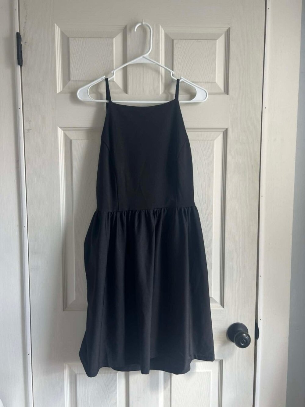 Black Babydoll Mini Dress Adjustable Straps Pockets Low Back Size L